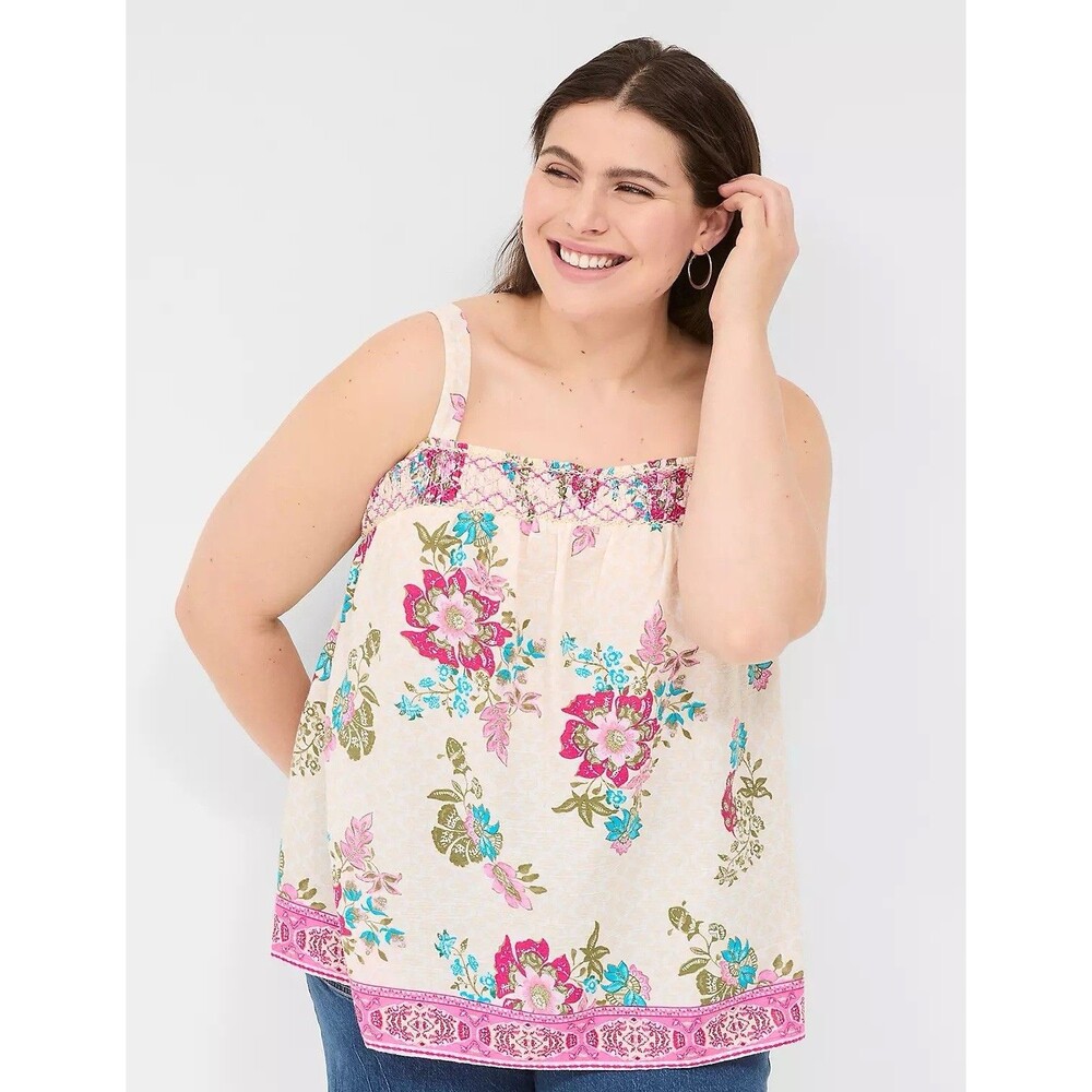 Lane Bryant Pintuck Relaxed Smocked Square-Neck Tank‎ Plus Size 20 Floral